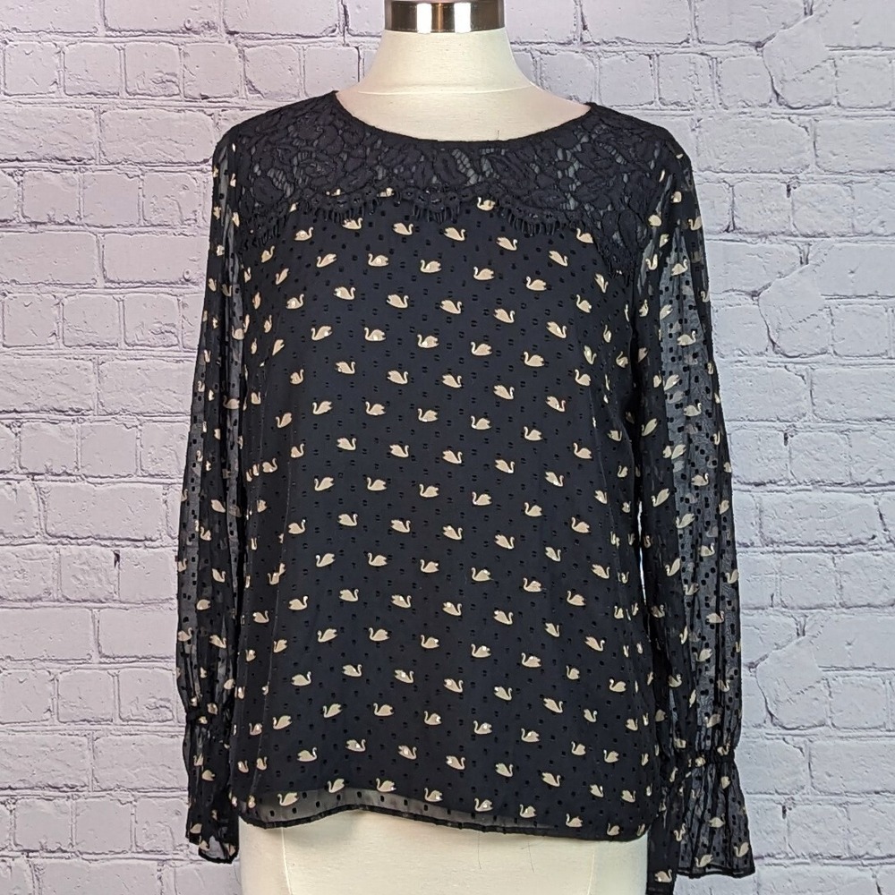 rsvp by Talbots Sz Medium Black Top with Tan Swans Design Textured Chiffon Lace